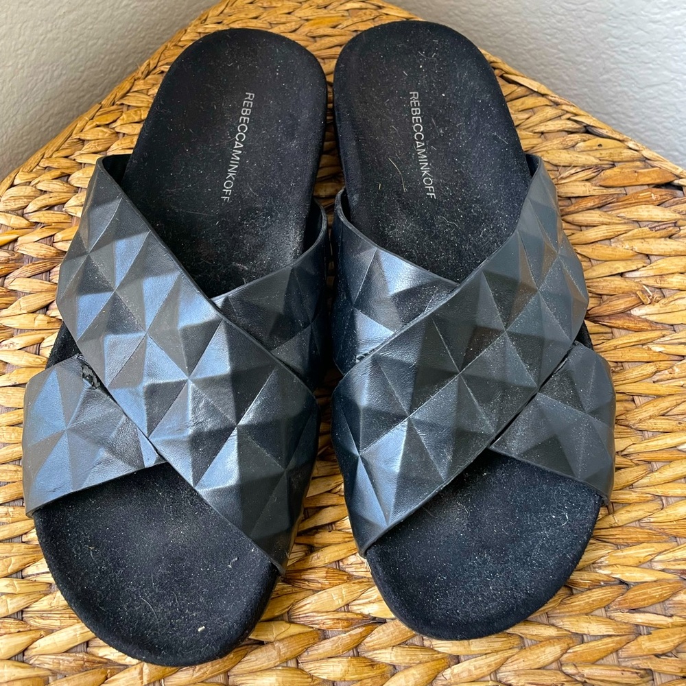Rebecca Minkoff womens black studded leather cross slide sandals